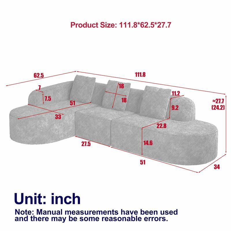 Homylin 112" Curved L-Shaped Modular Sofa with Chaise, 3-Seat Polyester