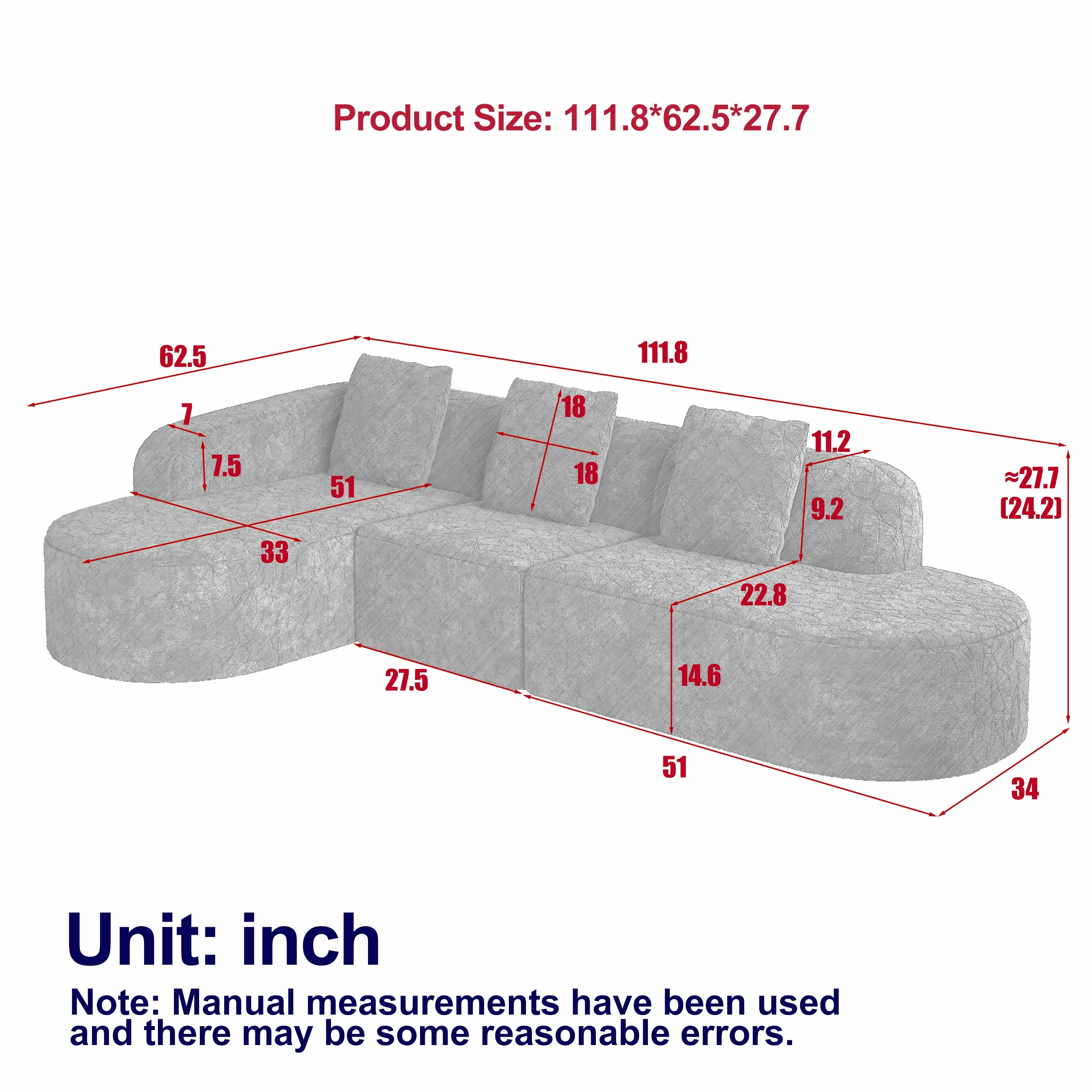 L-Shaped Curved Modular Sofa, Lychee-Textured Fabric, Curved Backrest With Three Pillows