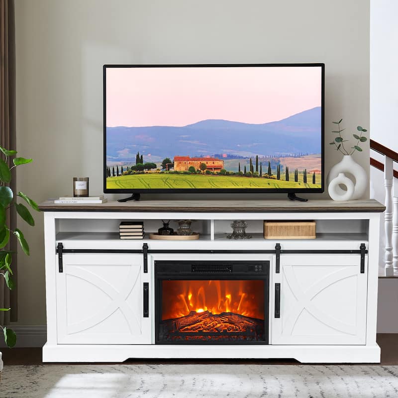 68" Farmhouse White Electric Fireplace TV Stands Console for 78-inch TV with Remote