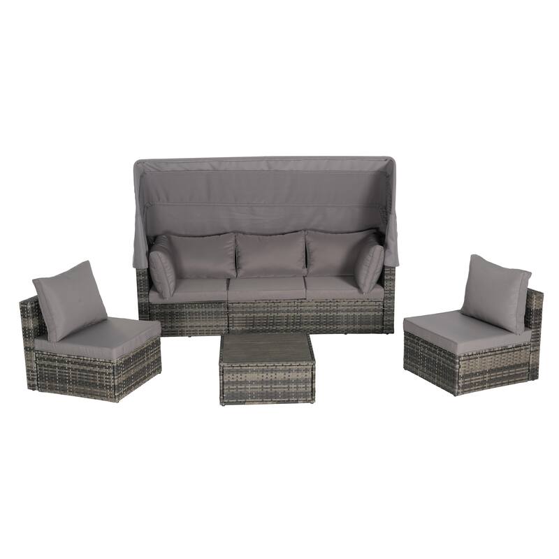 5-Piece Outdoor Patio Wicker Daybed Set with Retractable Canopy, Storable Table
