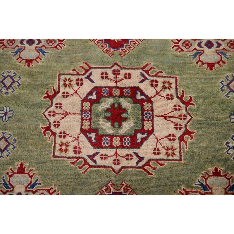 Green Geometric Kazak Area Rug Hand-Knotted Wool Carpet - 4'10" x 6'8"