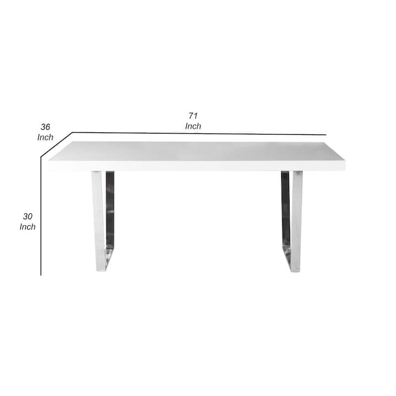 Ien 71 Inch Dining Table, Rectangular Top, Open Metal Panel, White Lacquer
