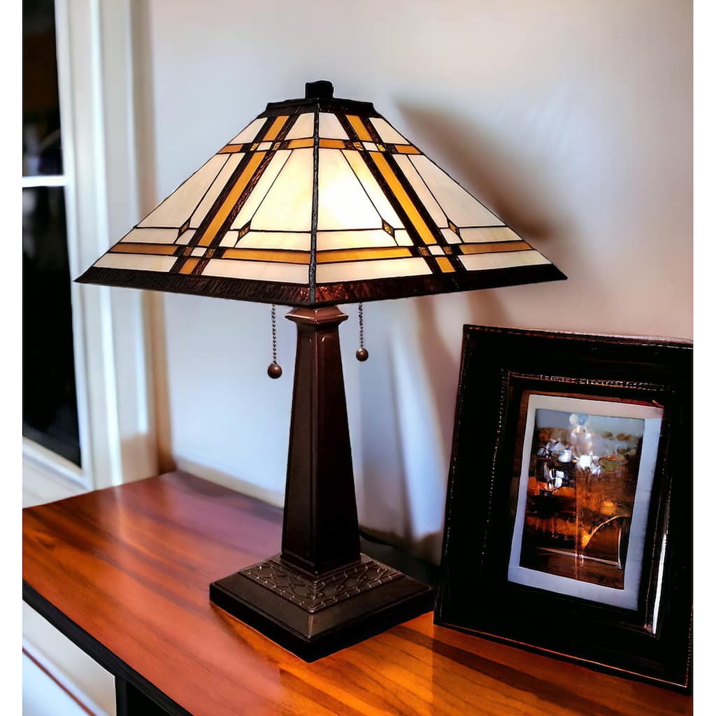 HomeRoots 23" White Amber and Brown Stained Glass Two Light Mission Style Table Lamp - 21 x 22 x 11