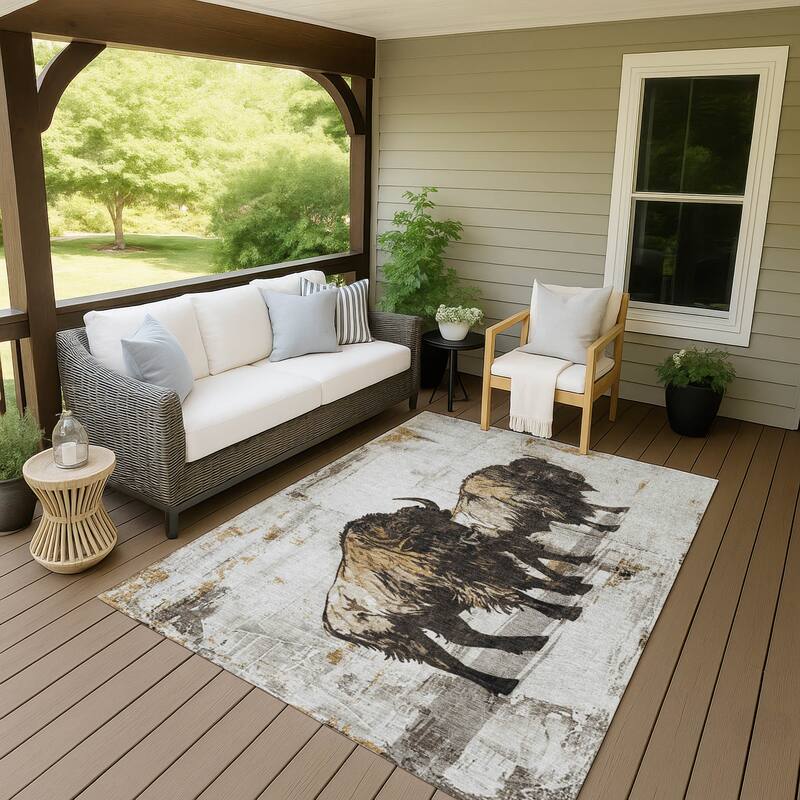Machine Washable Indoor/ Outdoor Modern Buffalo Chantille Rug - Putty - 9' x 12'