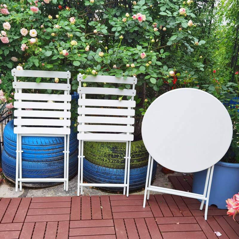 Modern 3 Piece Patio Bistro Set w/ Foldable Round Table and Chairs