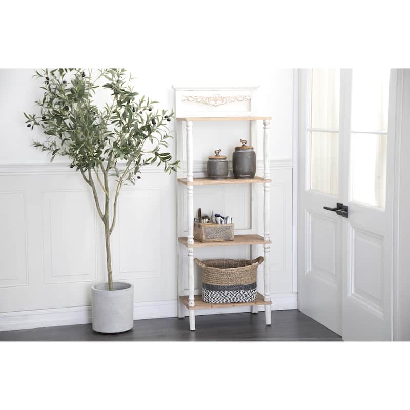 Wood Floral Intricately Carved 4 Shelves Shelving Unit - White - Roche River Decor