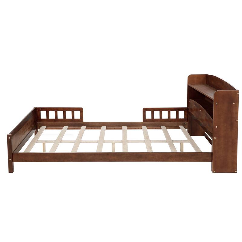 Full Size Pine Bed w/ Bookcase Headboard ,LED Sensor Light, Guardrails