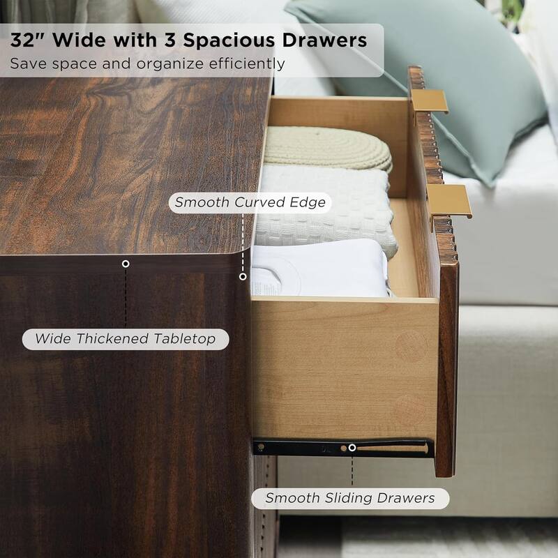 Modern fluted 3 Chest of Drawers, Dresser for Bedroom, Living Room