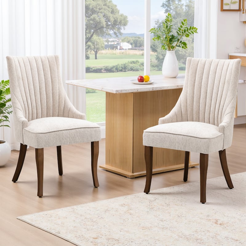 Vintage Linen Upholstered Dining Chairs Set of 2 with Channel Tufted Back & Solid Wood Legs - Beige