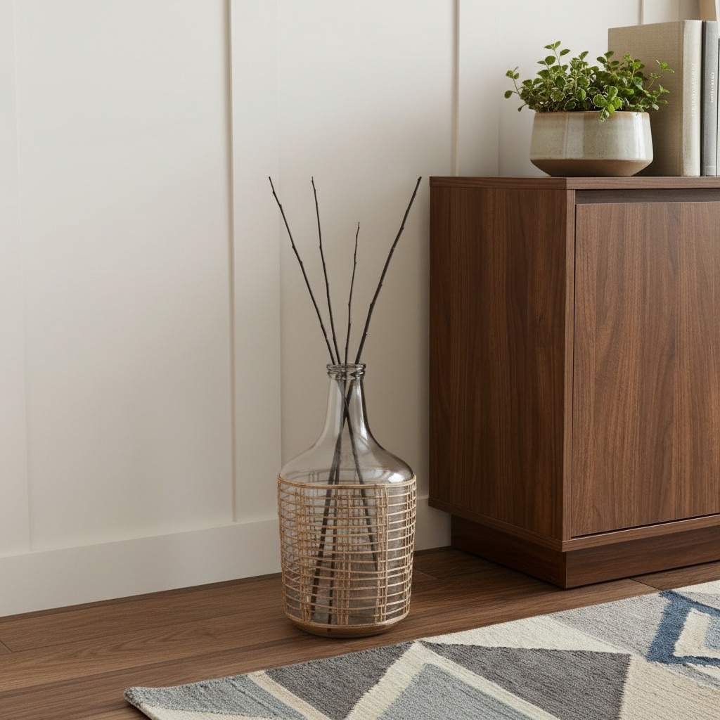 15" Clear And Natural Glass Round Floor Vase With Wrapped Rattan - 7.50