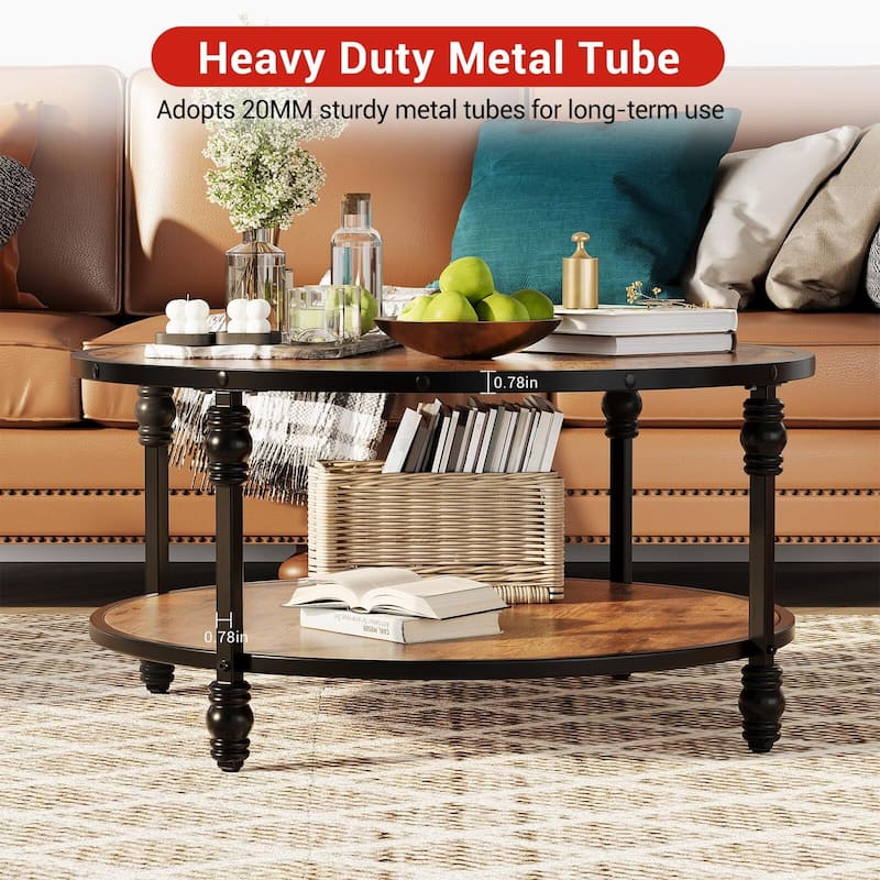 Round Coffee Table for Living Room Rustic Center Table with Storage