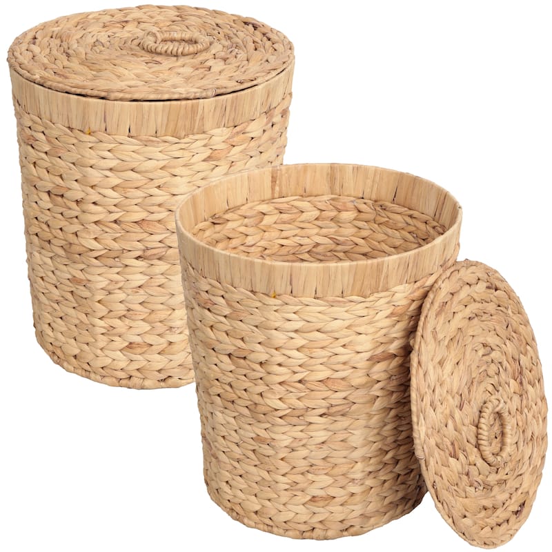 Nora Handwoven Water Hyacinth 5.7-Gallon Tapered Round Wicker Watebasket with Lid (Set of 2) - Natural