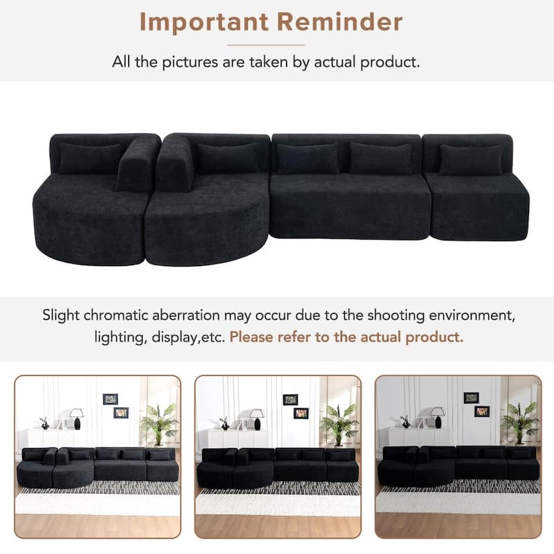 144" Upholstered Sofa Free-combined Sofa with Two Chaise Lounge and Five Back Pillows