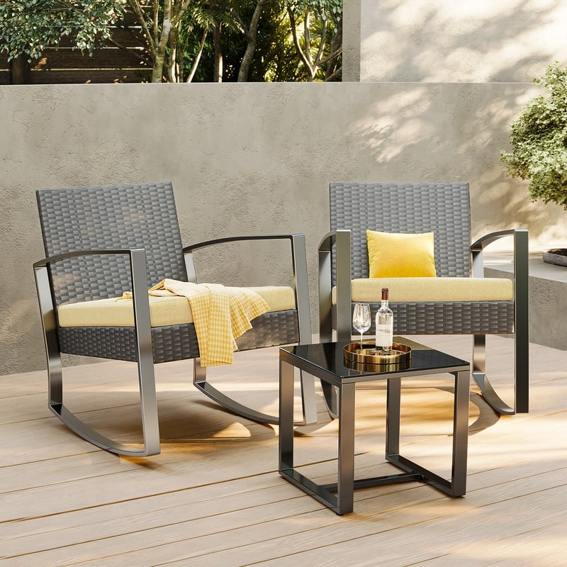 3 Pieces Wicker Patio Set Outdoor Rocking Bistro Patio Outdoor Furniture Rattan Sets with Cushion, Chair Set with Glass Table