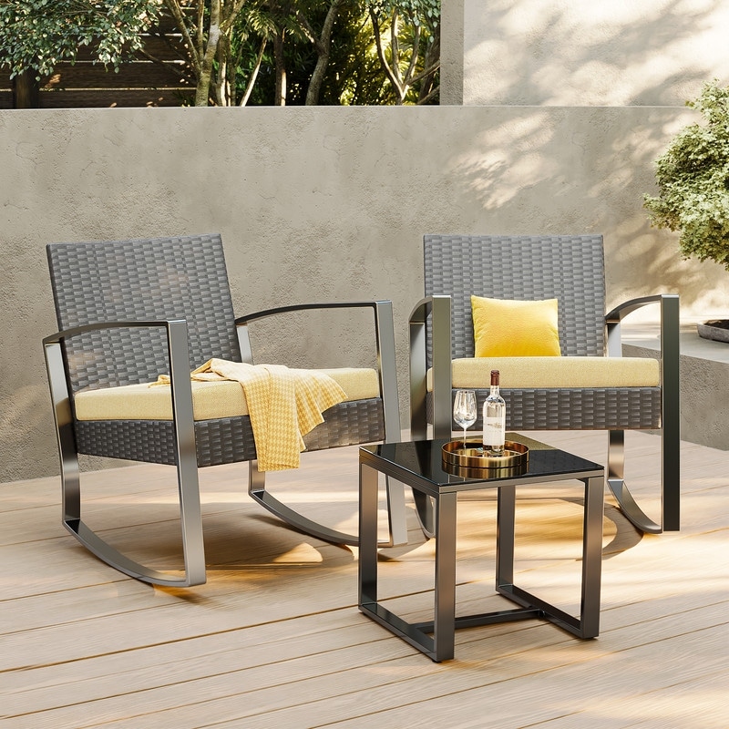3 Pieces Wicker Patio Set with Cushion Outdoor Chair Set with Glass Table Rattan Chair Modern Bistro Set Beige
