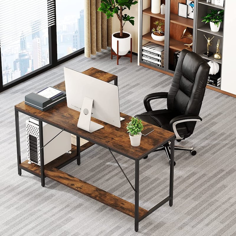 L Shaped Desk, L Shaped Corner Desk with Storage Shelves for Home Office