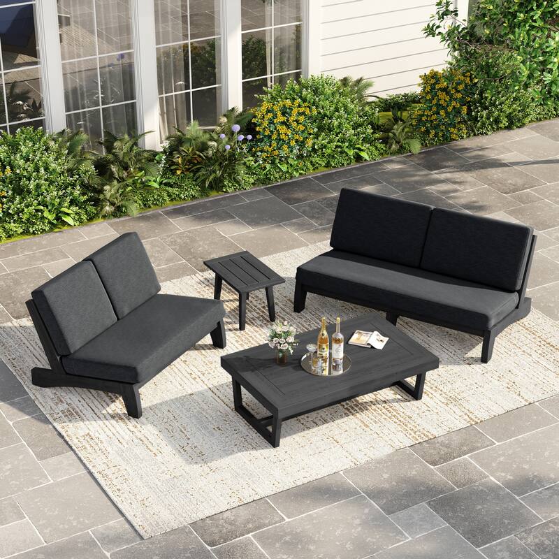 Casual Teak Outdoor Patio Conversation Set with Cushioned Sofa Loveaseat - Dark Wood - Dark Grey-4 Piece