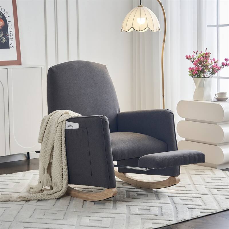 Cotton Linen Fabric Rocking Chair With Adjustable Footrest
