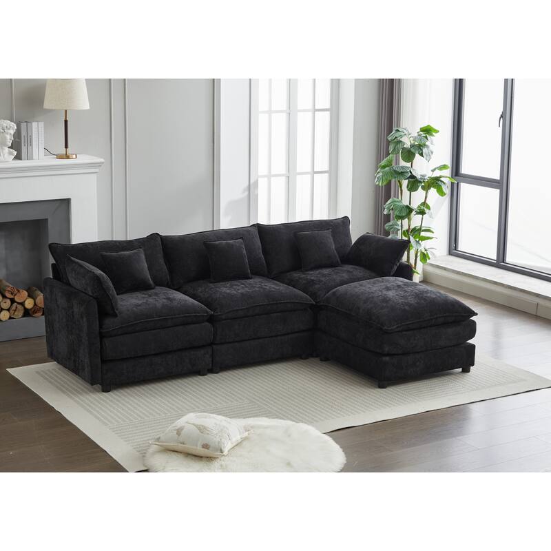L-Shaped Modular Sectional Sofa with Removable Ottoman, Chenille Upholstered 3-Seater Sofa, Deep Seat Sofa with Pillows