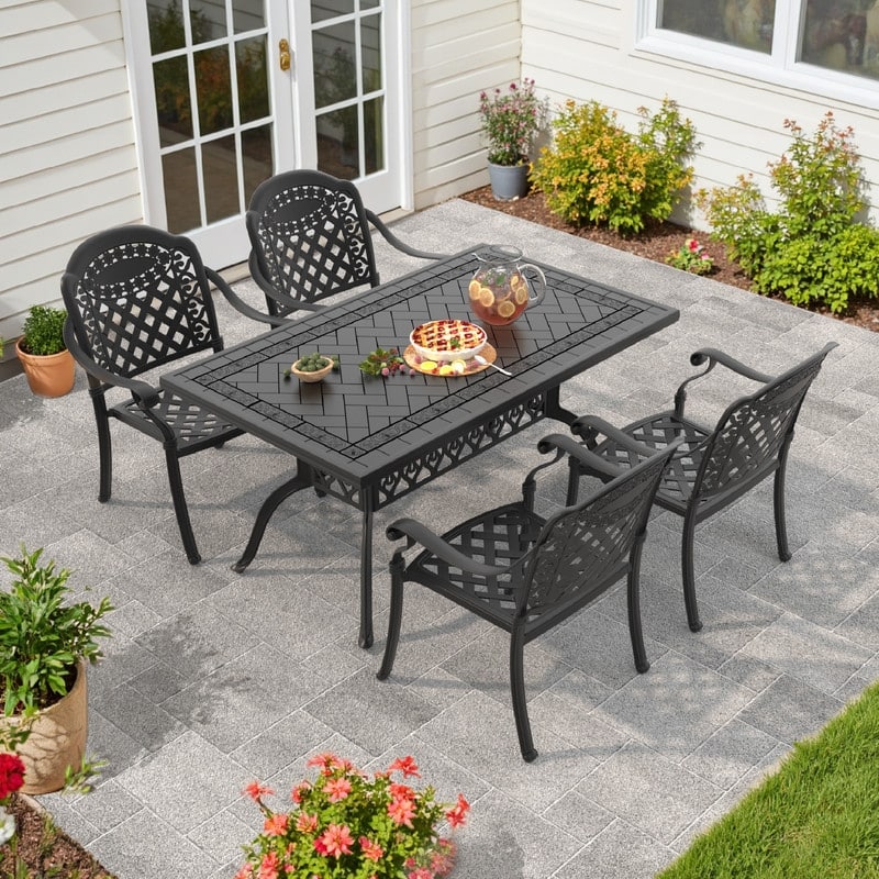 5/7-Piece Cast Aluminum Outdoor Dining Set with 59.06'' L X 35.43'' W Rectangular Table and Seat Cushions