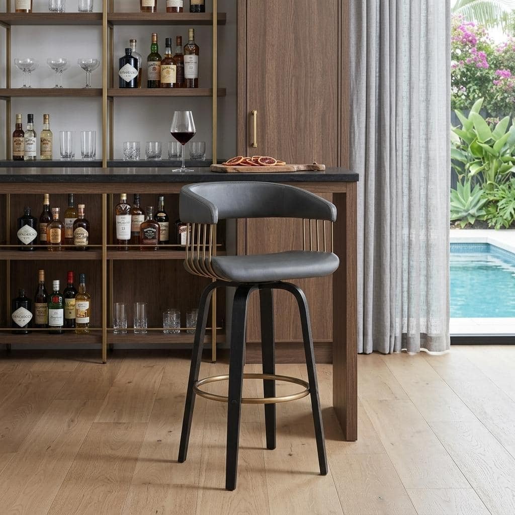 HomeRoots 31" Gray And Black Faux Leather Swivel Bar Height Bar Chair