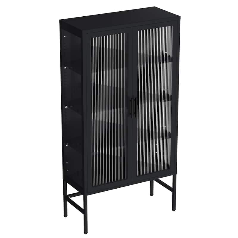 Modern Glass Door Cabinet with Adjustable Shelves Steel Storage Sideboard