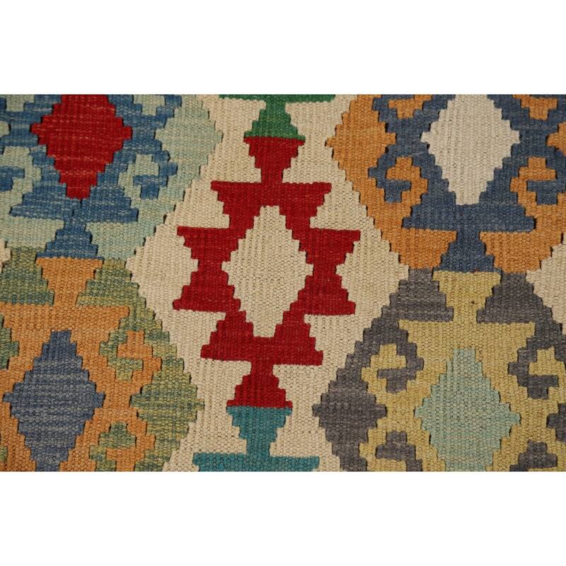 Geometric Beige Kilim Oriental Area Rug Flatweave Wool Carpet - 8'5" x 10'3"