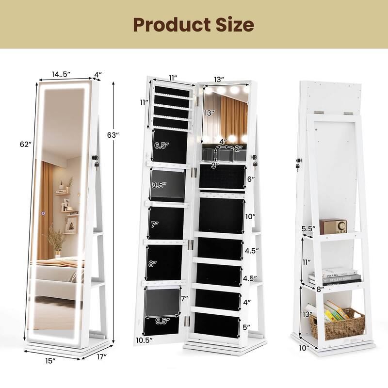Costway 360° Swivel Jewelry Cabinet with Lighted Full Length Mirror & - See Details