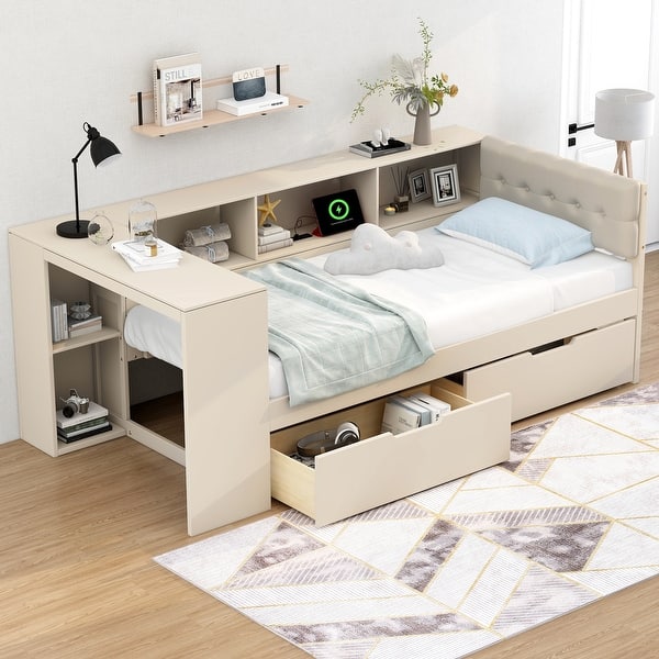 slide 2 of 18, Twin Size Wood Platform Bed with Storage Shelves, Drawers, Charging Station and Upholstered Headboard, Cream Cream