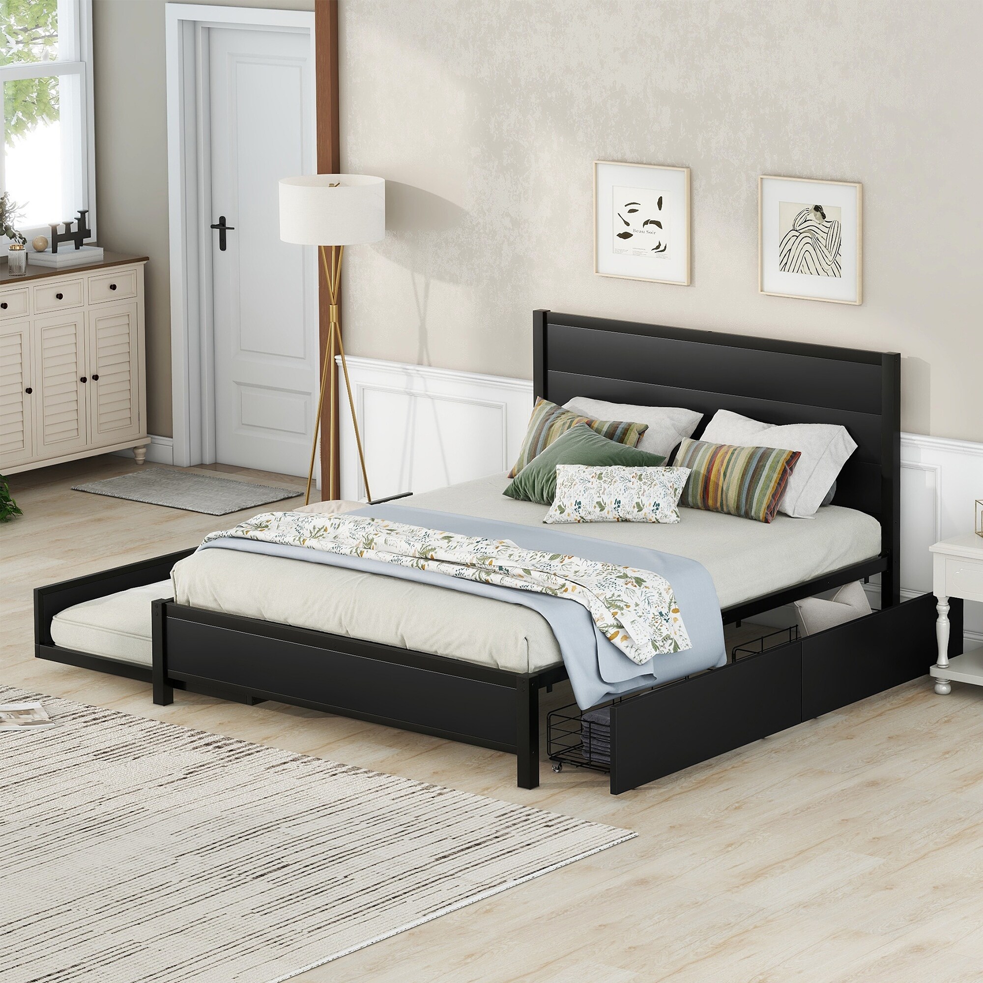 Black Queen Size Metal Platform Bed Frame with Trundle, 2 Drawers, and  Headboard, image size:2000x2000