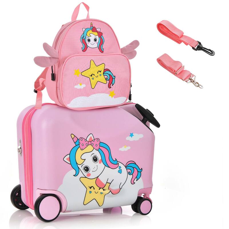 2PC Kids Ride-on Luggage Set 18'' Carry-on Suitcase & Backpack - Pink