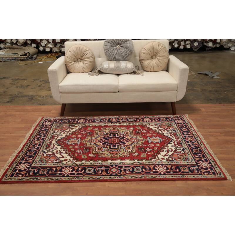 Hand Knotted Oriental 100% Wool Carpet Traditional Medallion Oranges & Rust Heriz (serapi) Area Rug - 5' 11'' X 3' 11''