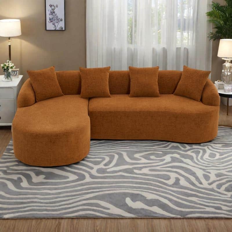 98.4" Chenille L-Shaped 3-Seater Sofa with Chaise Lounge and 4 Pillows - Orange