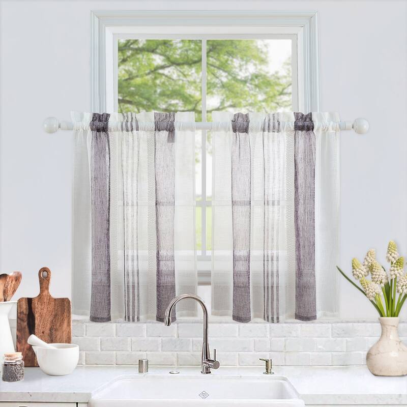 Vertical Stripe Linen Textured Voile Sheer Kitchen Tier Curtains - Purple - 54"Wx24"L