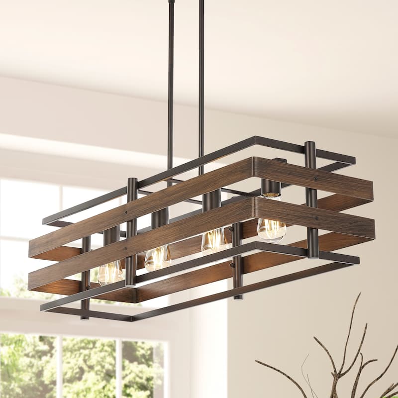 Lyla 34" 4-Light Rustic Farmhouse Iron Linear LED Pendant, Wood Finished/Oil Rubbed Bronze by JONATHAN Y - 4 Light