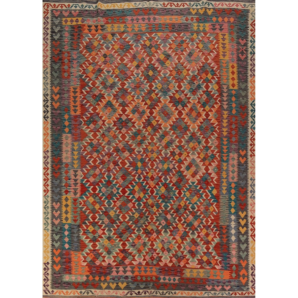 All-Over Kilim Oriental Area Rug Hand-Woven Wool Carpet - 8'4"x 11'6"