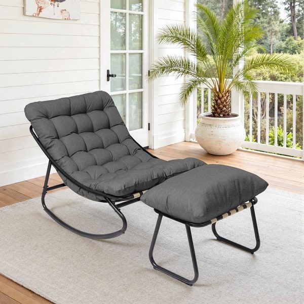 Outdoor Patio Rocking Chair Lounge with Ottoman Set for Backyard Porch - Grey