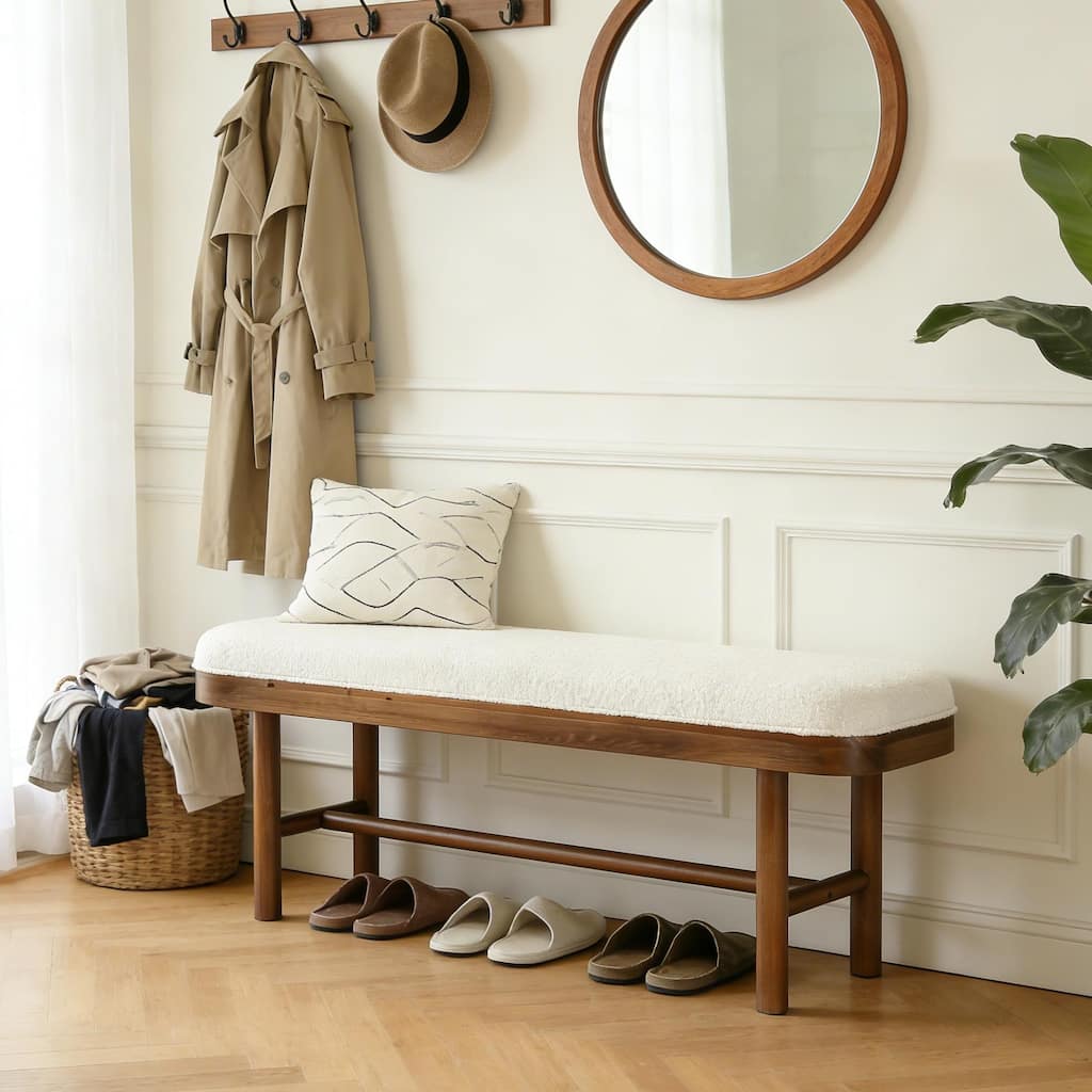 55-Inch Upholstered Entryway Bench, Solid Wood Shoe Bench