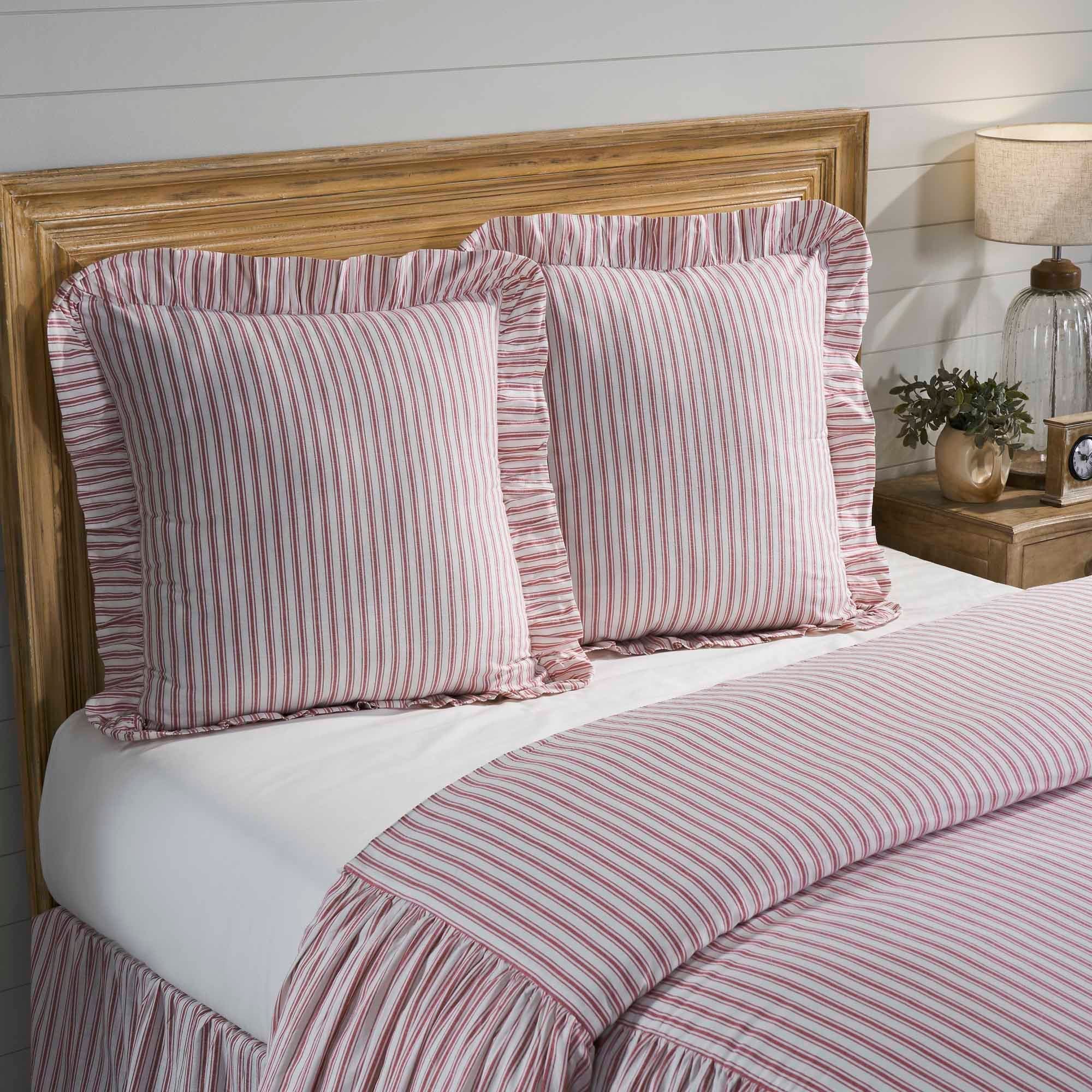 Timeless Ticking Red Ruffled Fabric Euro Sham