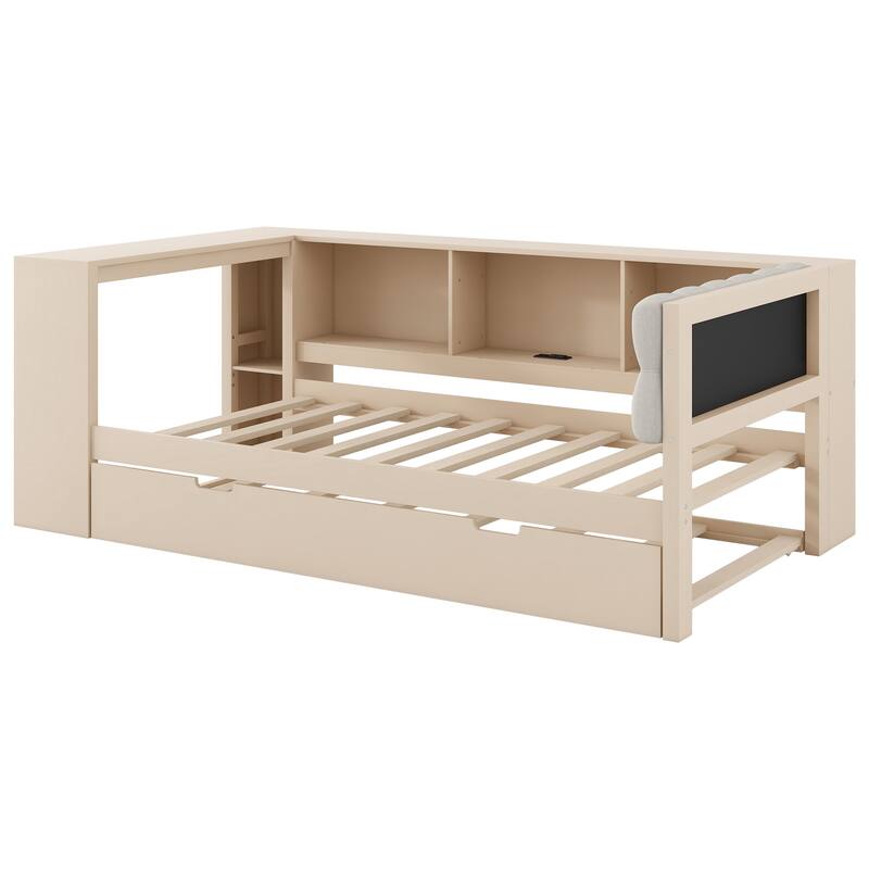 Wood Full/Twin Platform Bed with Storage Shelves, Trundle, Charging Station & Upholstered Headboard