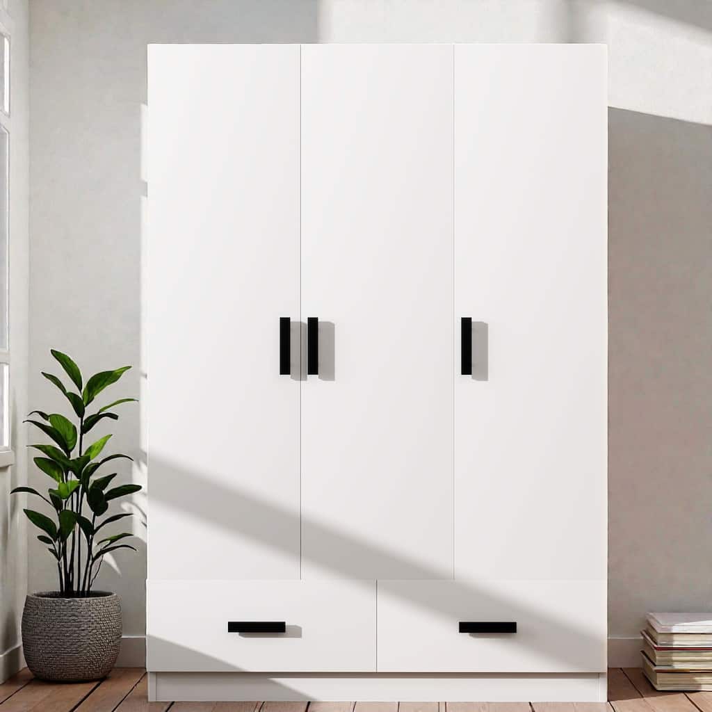 3 Door Wardrobe Closet with Drawers, Shelves and Hanging Rod, White Wooden Bedroom Armoire Storage Cabinet