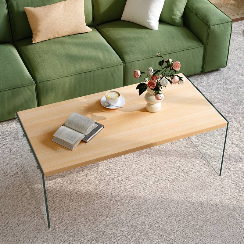 Modern Tempered Glass Coffee Table Floating Wood Tabletop - 48" L x 24" W x 18" H