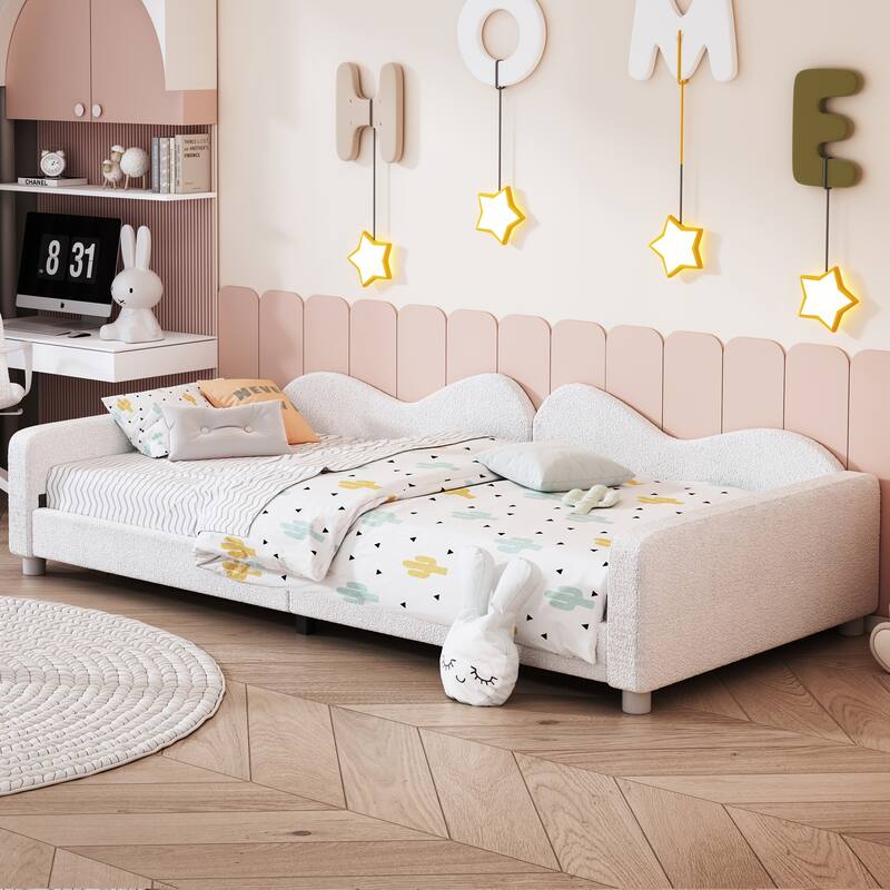 Sherpa Fabric Upholstered Daybed with Cloud-Shaped Backrest - White - Twin