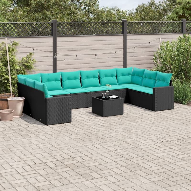 vidaXL 11 Piece Patio Sofa Set with Cushions Black Poly Rattan - 24.4" x 24.4" x 27.2"