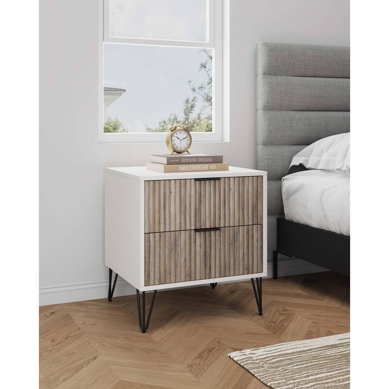 Manhattan Comfort Dumbo Mid Century Nightstand with 2 Drawer and Metal Feet. - White and Rustic Grey