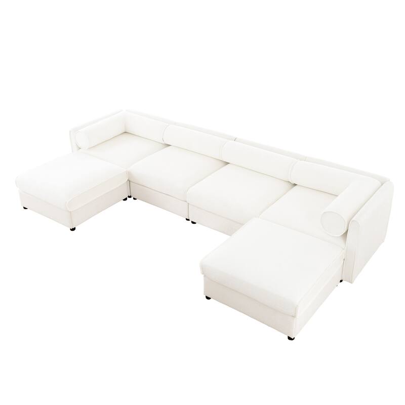142.5" Extra Large U-Shaped Chenille Sectional Sofa with Storage Ottoman and Cylindrical Backrest(4-Seater Modular Design)