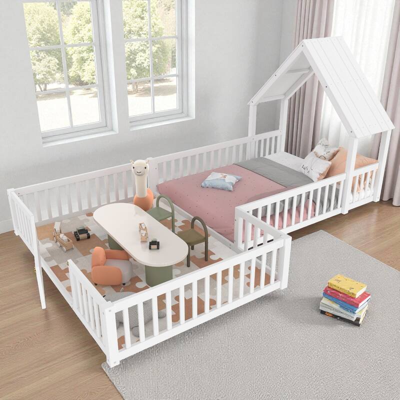 Twin/Full Size House Floor Bed with Door and Guardrails, Double Twin/Full Solid Wood Montessori Bed for Kids