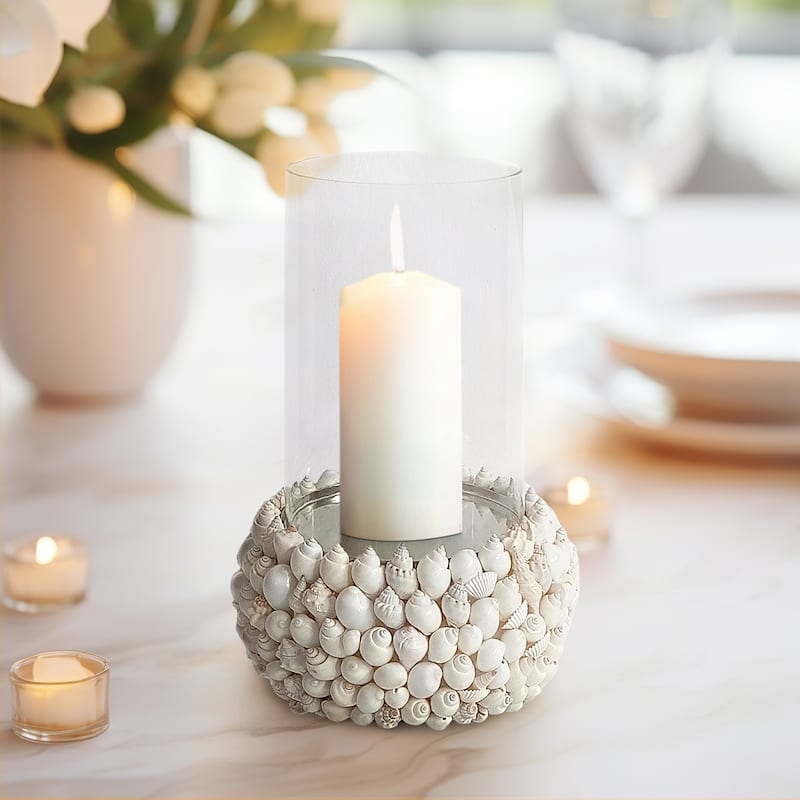 Sagebrook Home Shell White Cylinder Hurricane Candle Holder - 7" x 7" x 10"