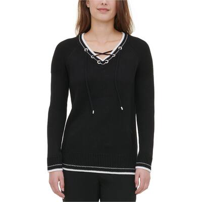 Calvin Klein Womens Lace-Up V-Neck Pullover Sweater, Black, X-Large
