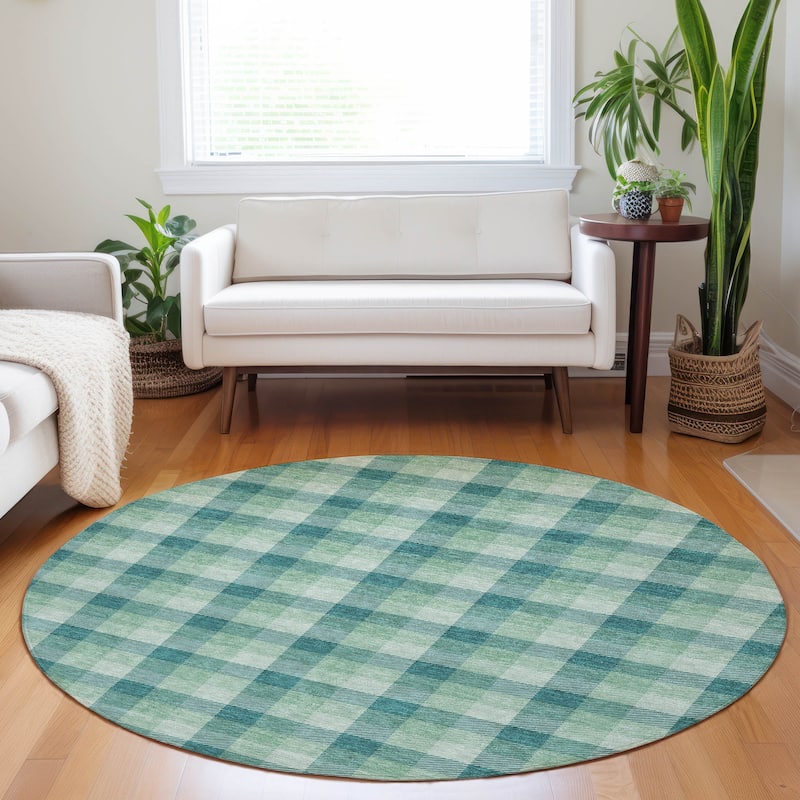 Machine Washable Indoor/ Outdoor Plaid Chantille Rug - Seafoam - 8' x 8'